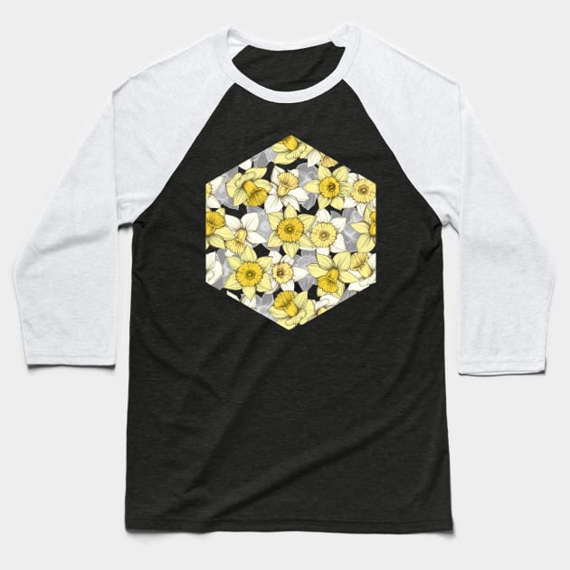 Daffodil Daze - yellow & grey daffodil illustration pattern Baseball T-Shirt by micklyn